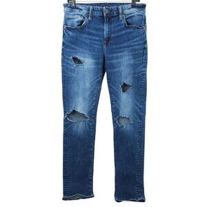 American Eagle Next Level Flex Slim Straight Jeans Mens 32 x 33 Distressed Denim